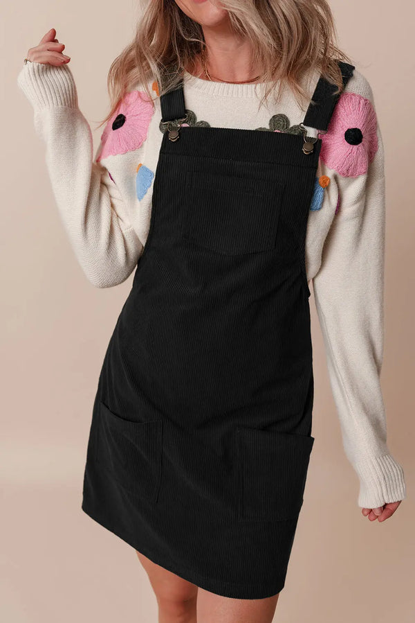 Black Solid Front Pockets Sleeveless Corduroy Overall Dress Perfectelena