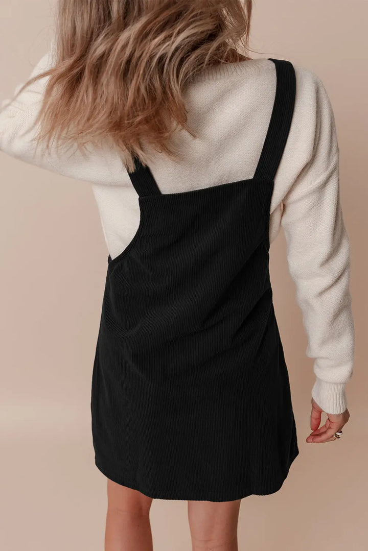 Black Solid Front Pockets Sleeveless Corduroy Overall Dress Perfectelena