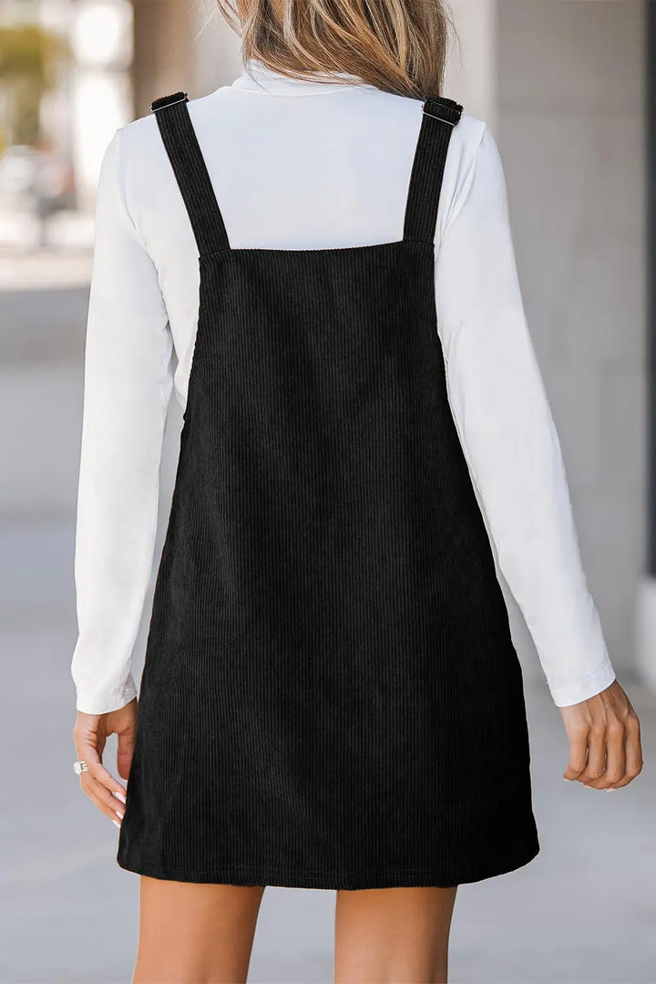 Black Solid Front Pockets Sleeveless Corduroy Overall Dress Perfectelena