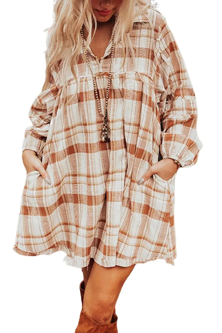 Brown Plaid Print Side Pockets Frilled Babydoll Mini Dress Perfectelena