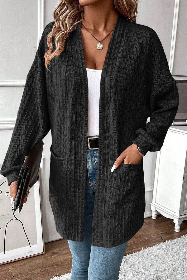 Cardigan noir ouvert sur le devant avec poches latérales en tricot texturé Perfectelena