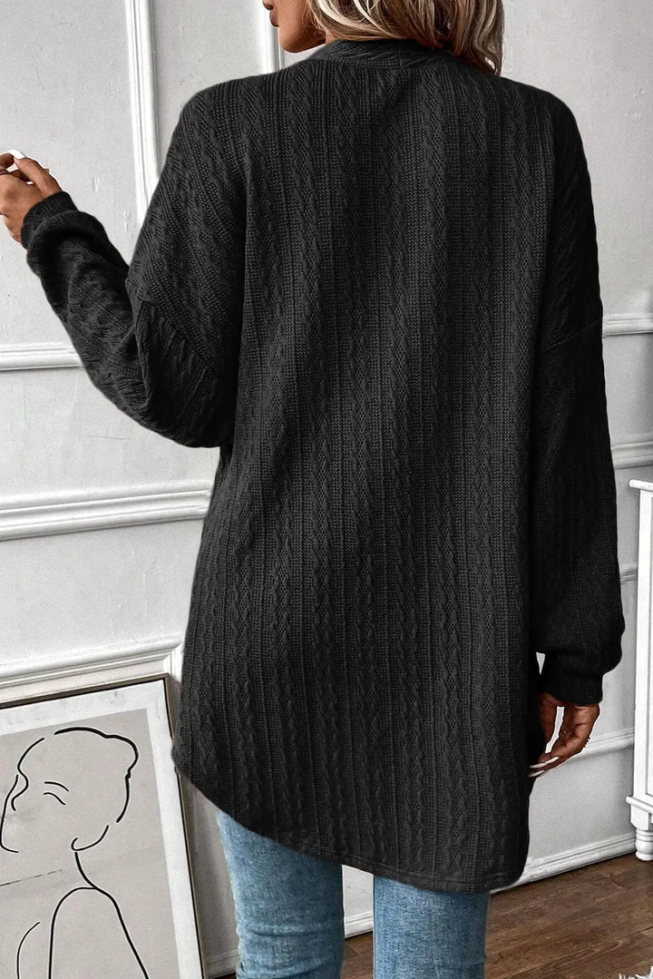 Cardigan noir ouvert sur le devant avec poches latérales en tricot texturé Perfectelena