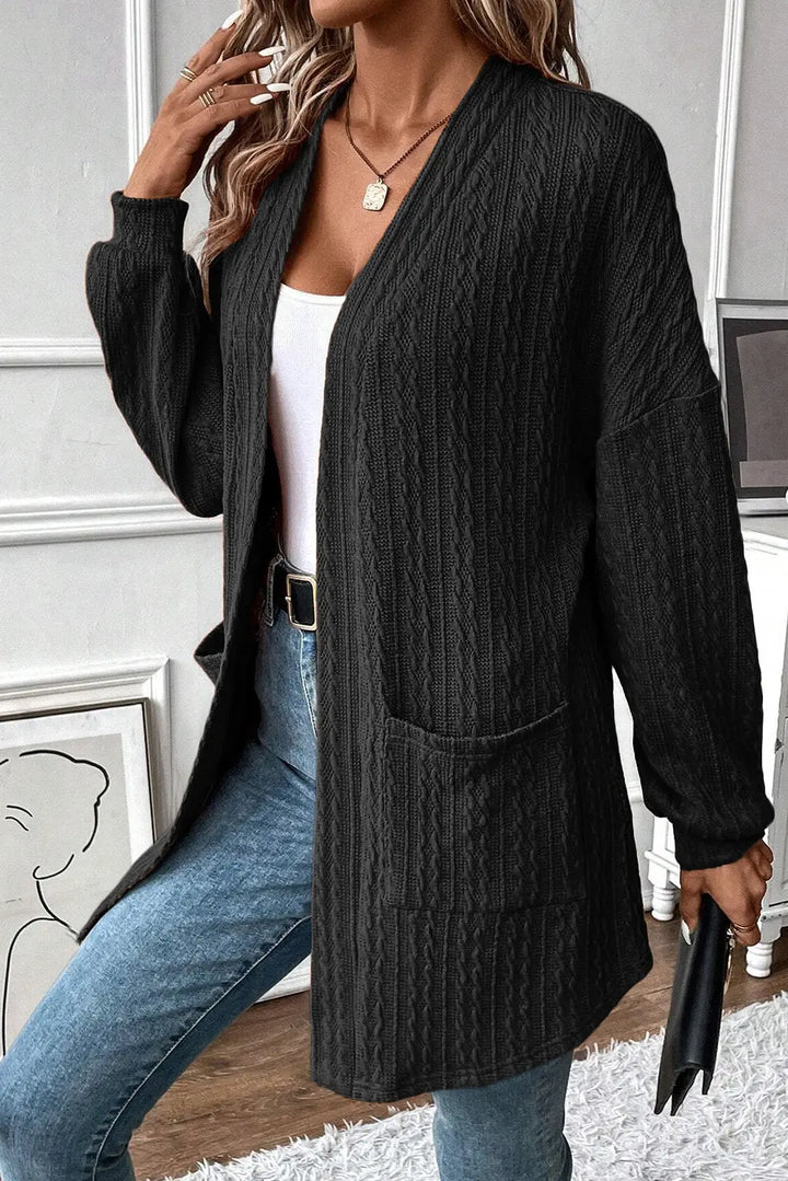 Cardigan noir ouvert sur le devant avec poches latérales en tricot texturé Perfectelena