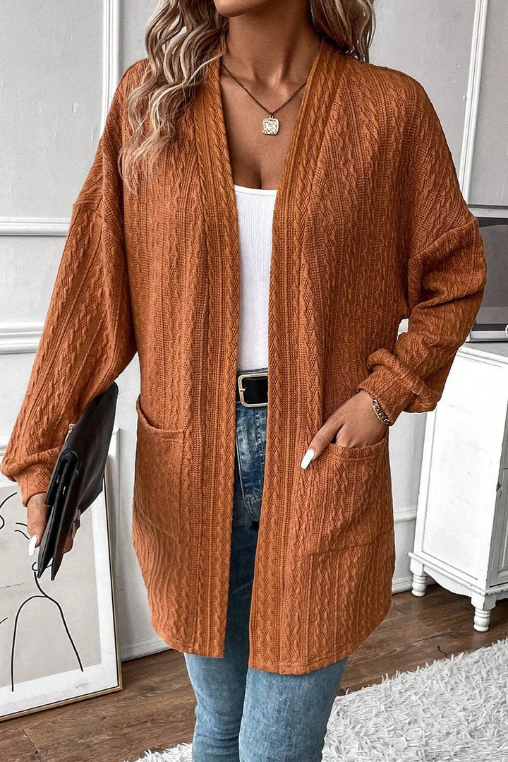 Cardigan ouvert sur le devant en tricot texturé châtain avec poches latérales Perfectelena