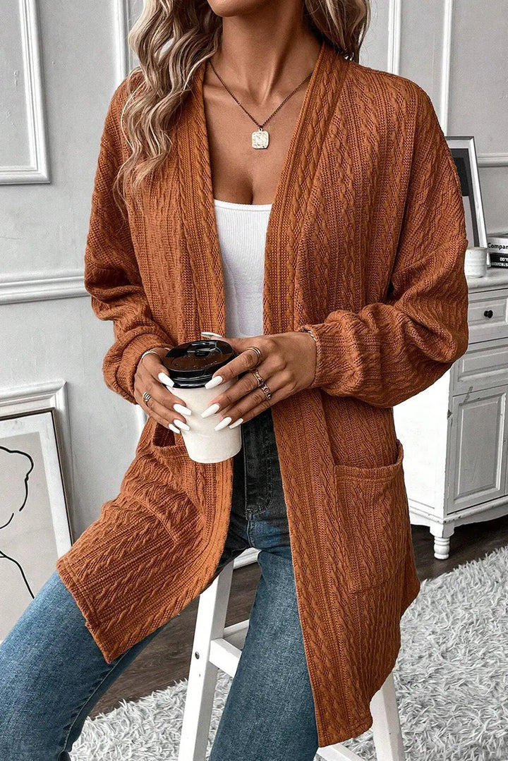 Cardigan ouvert sur le devant en tricot texturé châtain avec poches latérales Perfectelena