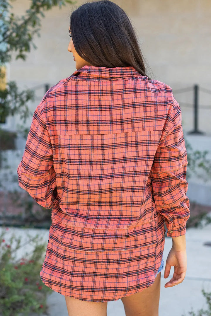 Chemise rouge à carreaux, manches longues, fente latérale, ourlet en détresse Perfectelena