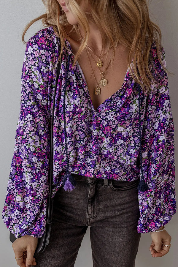 Chemisier violet à manches bouffantes et col en V fendu à fleurs style Boho Perfectelena