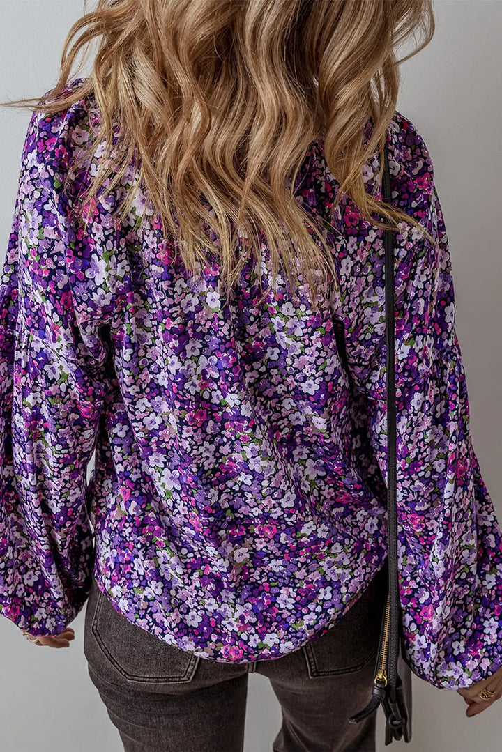 Chemisier violet à manches bouffantes et col en V fendu à fleurs style Boho Perfectelena