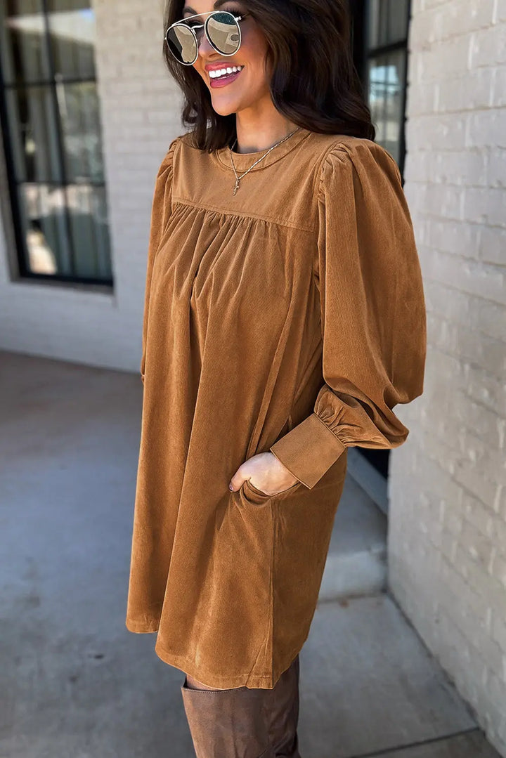 Desert Gold Corduroy Pleated Puff Sleeve Shift Short Dress Perfectelena