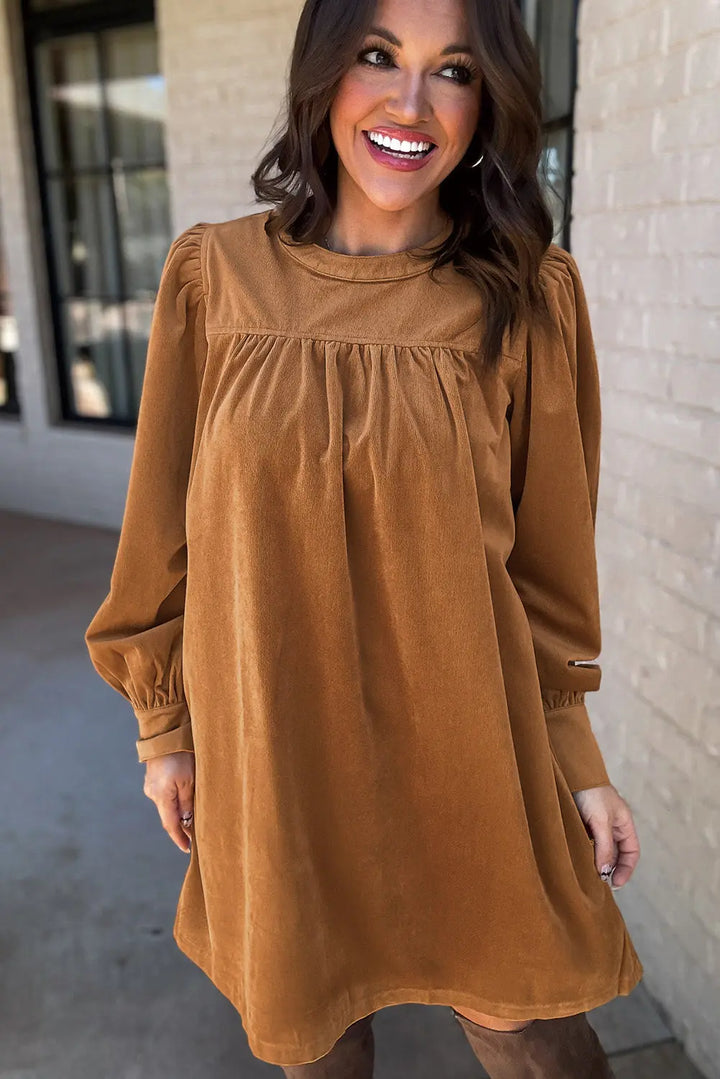 Desert Gold Corduroy Pleated Puff Sleeve Shift Short Dress Perfectelena