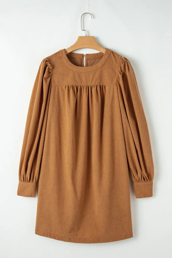 Desert Gold Corduroy Pleated Puff Sleeve Shift Short Dress Perfectelena