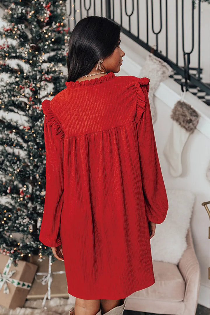 Fiery Red Textured Ruffled Trim V Neck Loose Fit Mini Dress Perfectelena