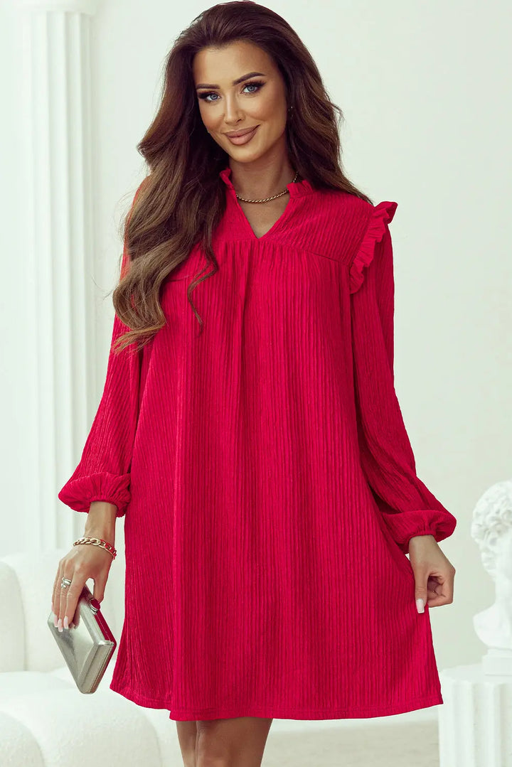 Fiery Red Textured Ruffled Trim V Neck Loose Fit Mini Dress Perfectelena