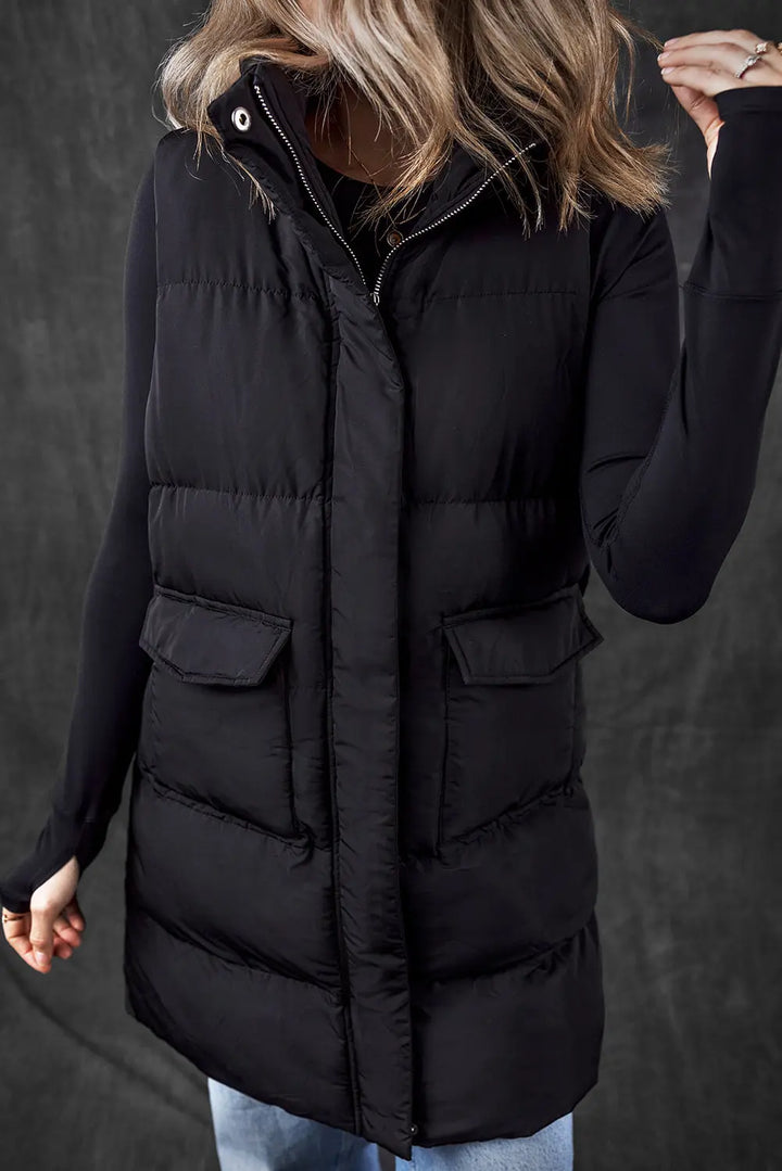 Gilet matelassé noir coupe-vent long avec fermeture éclair et poches Perfectelena