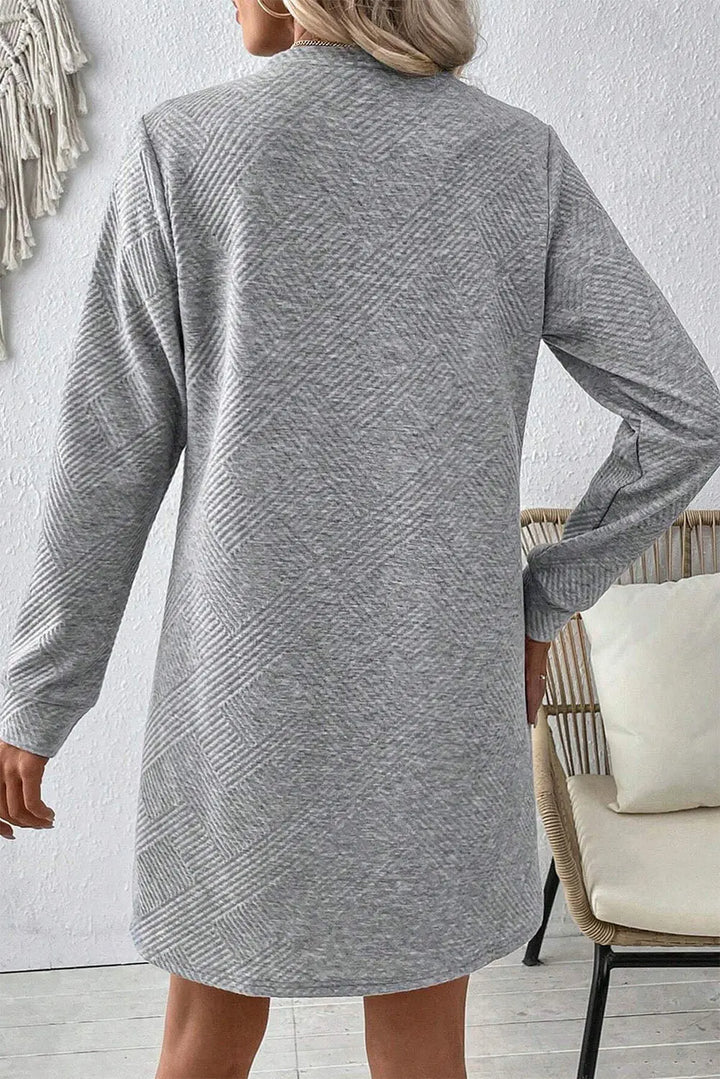 Gray Solid Color Textured Long Sleeve Shift Dress Perfectelena