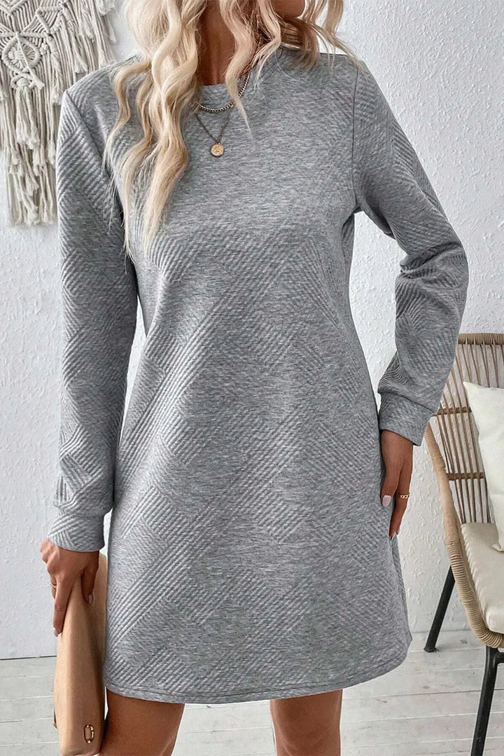 Gray Solid Color Textured Long Sleeve Shift Dress Perfectelena