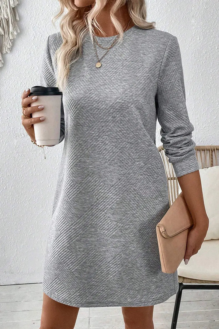 Gray Solid Color Textured Long Sleeve Shift Dress Perfectelena