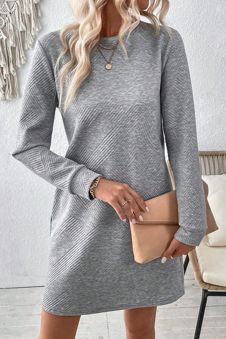 Gray Solid Color Textured Long Sleeve Shift Dress Perfectelena