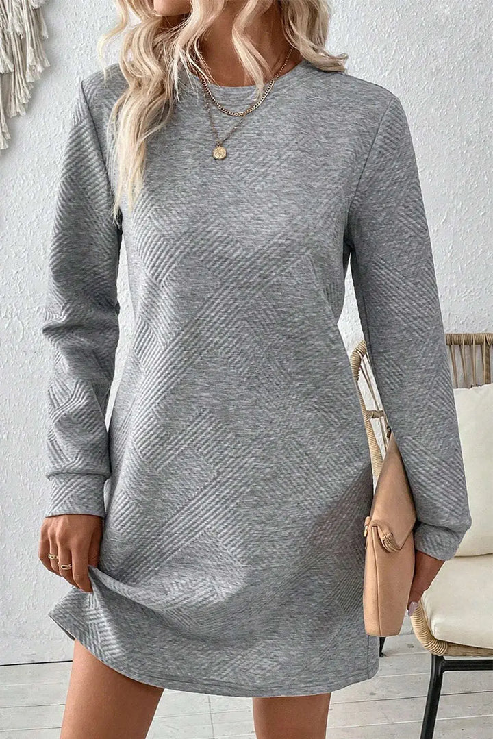 Gray Solid Color Textured Long Sleeve Shift Dress Perfectelena