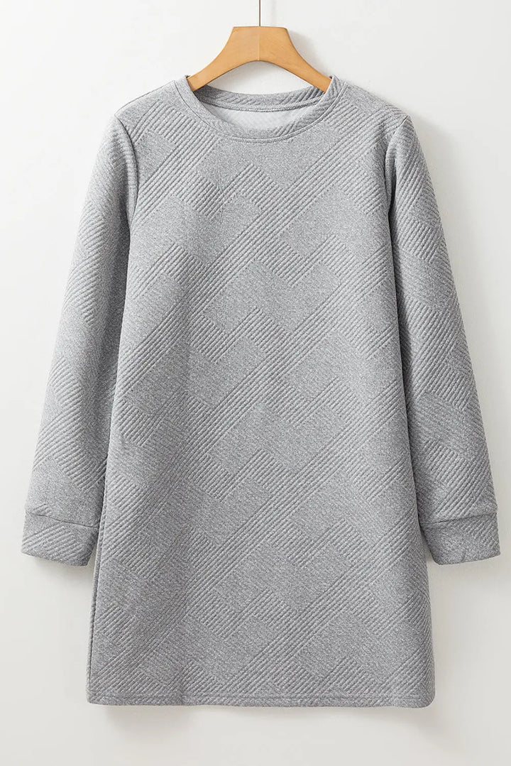 Gray Solid Color Textured Long Sleeve Shift Dress Perfectelena