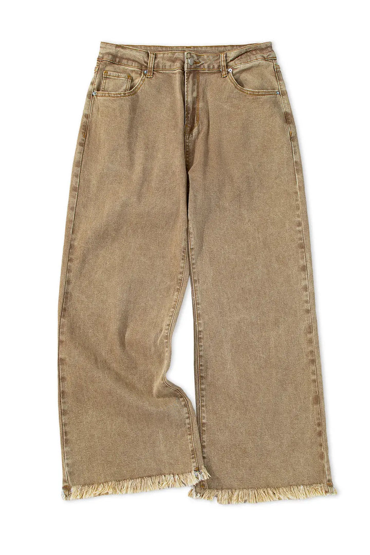 Jean court taille haute à jambe large et délavé à l'acide beige français clair Perfectelena
