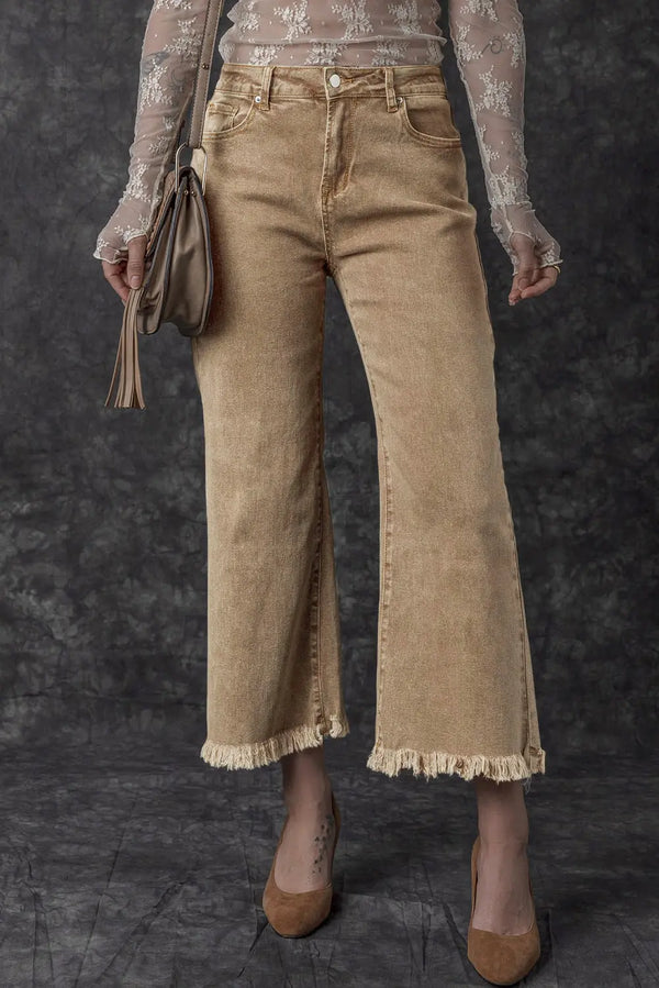 Jean court taille haute à jambe large et délavé à l'acide beige français clair Perfectelena