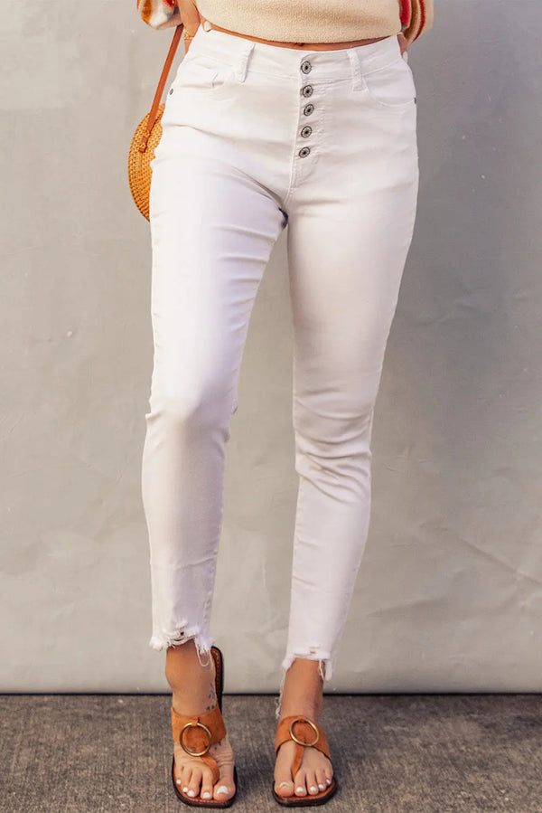 Jean en denim court effiloché blanc uni taille haute avec boutons Perfectelena