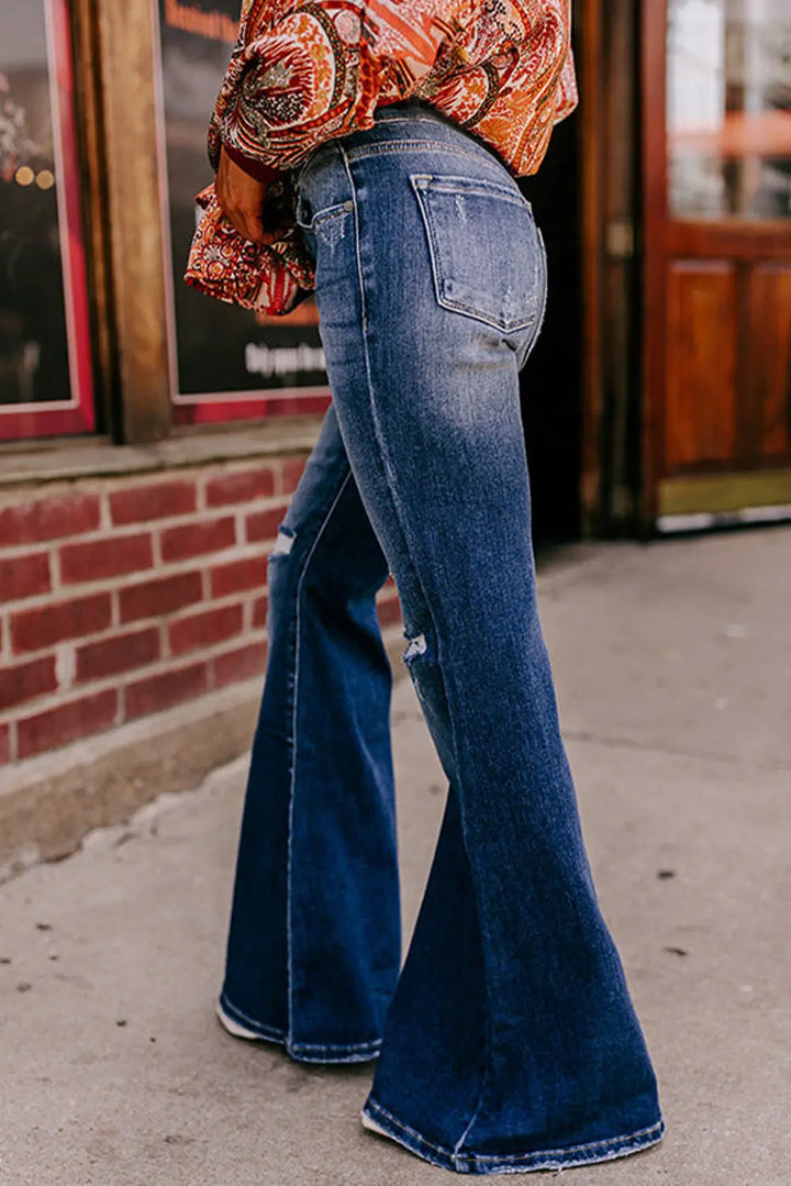 Jean évasé taille haute déchiré bleu ciel avec braguette boutonnée Perfectelena