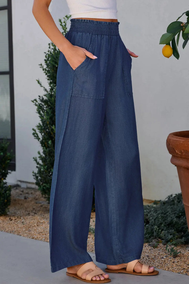 Jean large taille haute smocké à volants et poches latérales bleu voile Perfectelena