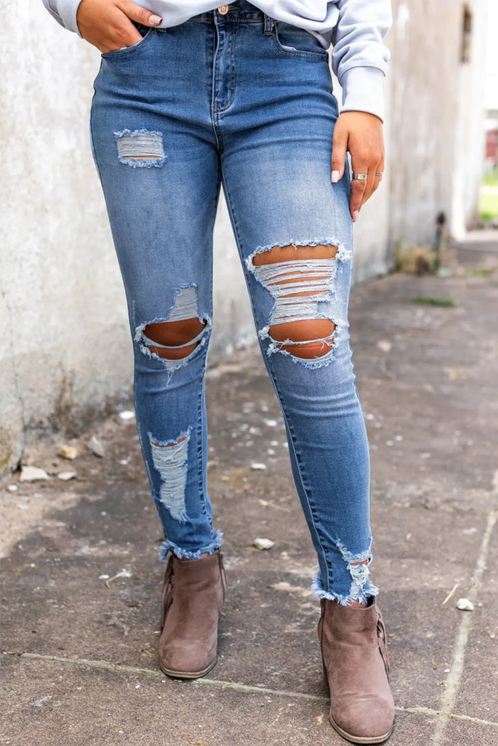 Jean skinny bleu ciel taille haute effet vieilli Perfectelena