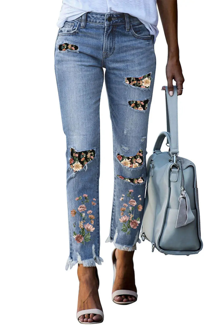 Jean skinny déchiré à patch imprimé bleu ciel Perfectelena