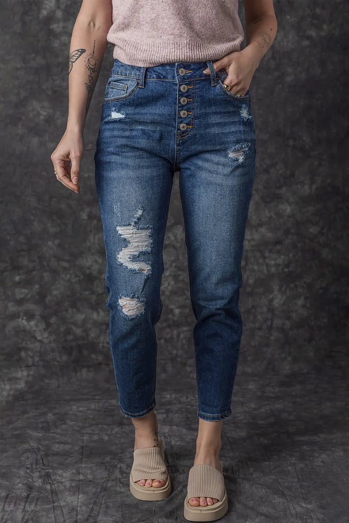 Jean skinny taille haute bleu effet vieilli avec braguette boutonnée Perfectelena