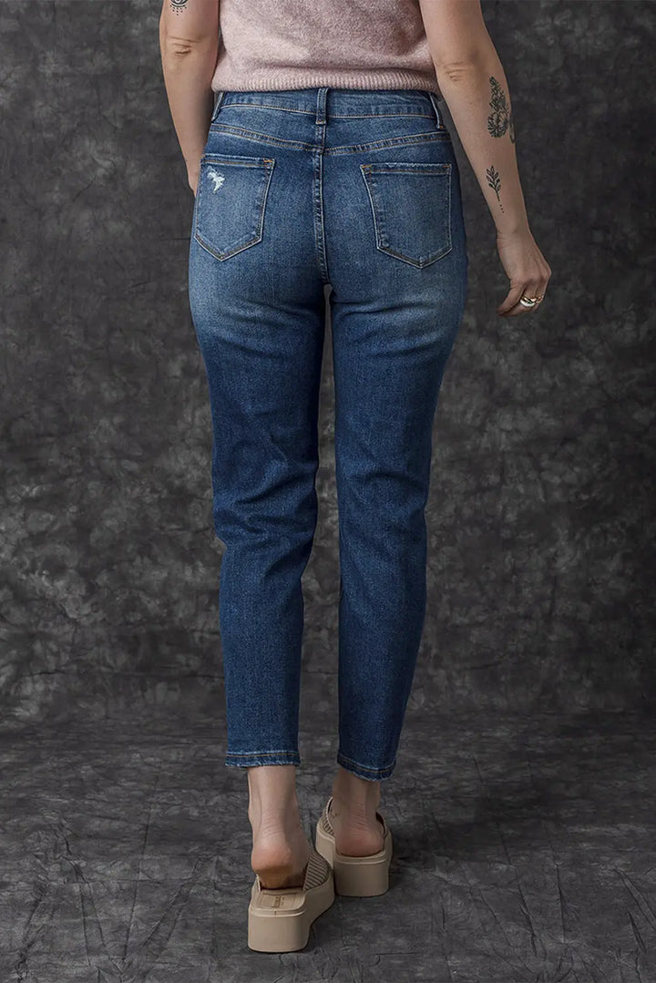 Jean skinny taille haute bleu effet vieilli avec braguette boutonnée Perfectelena