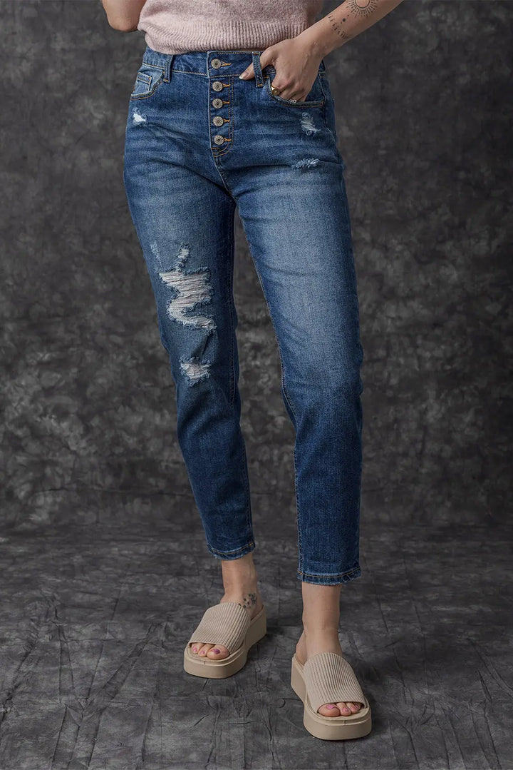 Jean skinny taille haute bleu effet vieilli avec braguette boutonnée Perfectelena