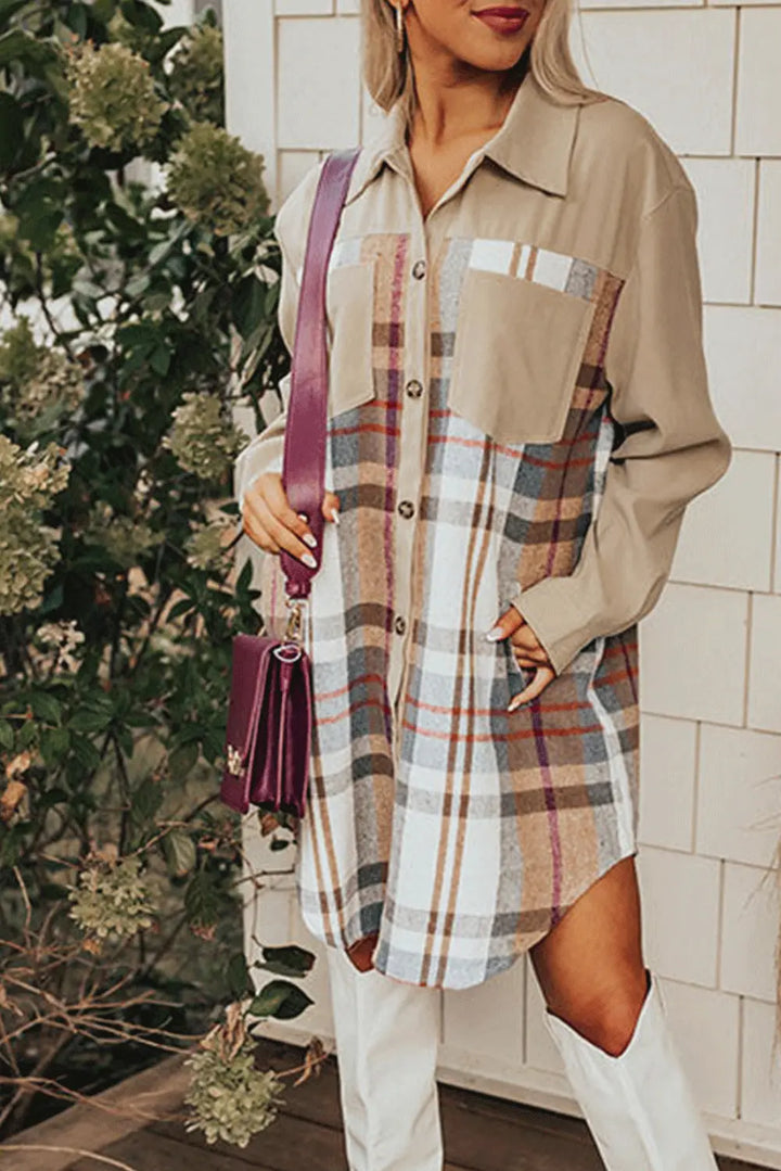 Khaki Plaid Patchwork Long Sleeve Shirt Mini Dress Perfectelena