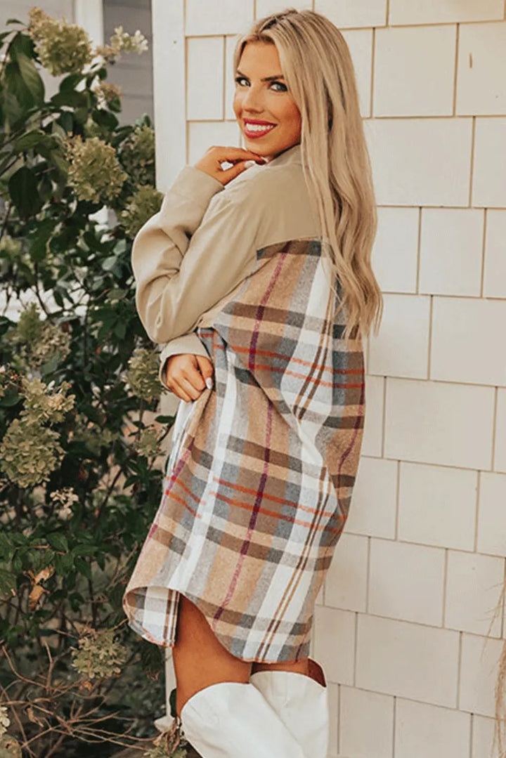 Khaki Plaid Patchwork Long Sleeve Shirt Mini Dress Perfectelena