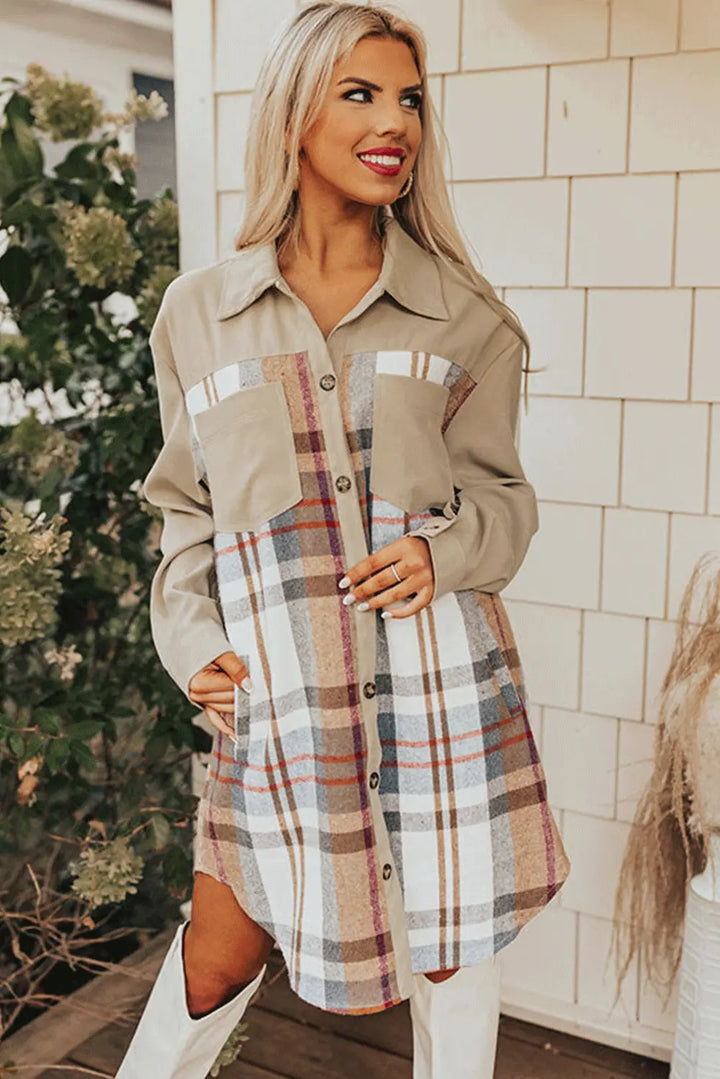 Khaki Plaid Patchwork Long Sleeve Shirt Mini Dress Perfectelena