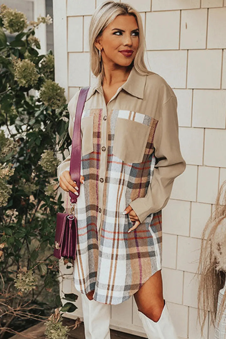 Khaki Plaid Patchwork Long Sleeve Shirt Mini Dress Perfectelena