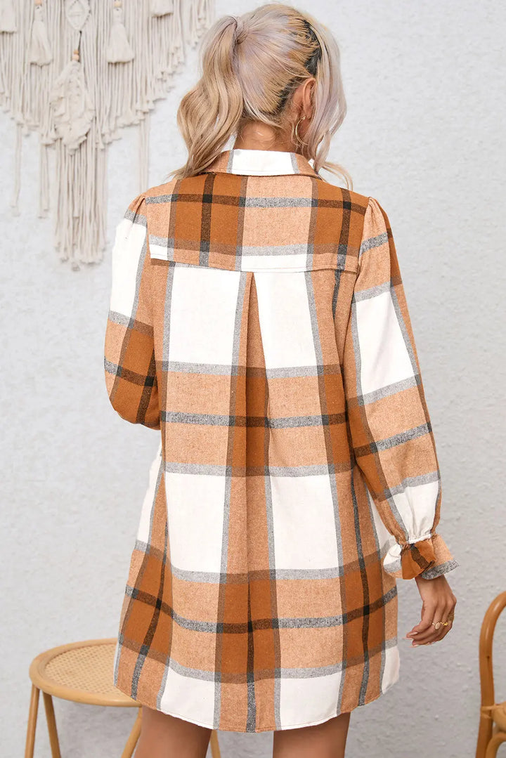 Khaki Plaid Pattern Collared Neck Ruffled Sleeve Shirt Dress Perfectelena