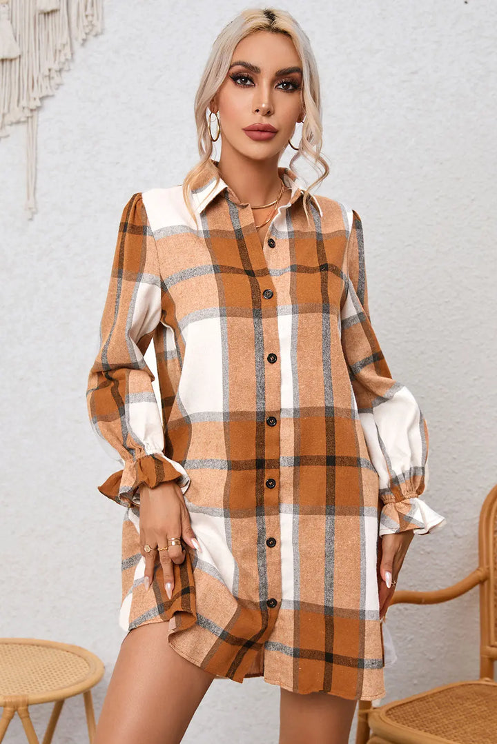 Khaki Plaid Pattern Collared Neck Ruffled Sleeve Shirt Dress Perfectelena