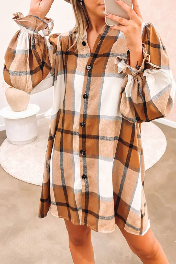 Khaki Plaid Pattern Collared Neck Ruffled Sleeve Shirt Dress Perfectelena