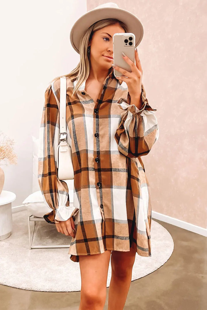 Khaki Plaid Pattern Collared Neck Ruffled Sleeve Shirt Dress Perfectelena