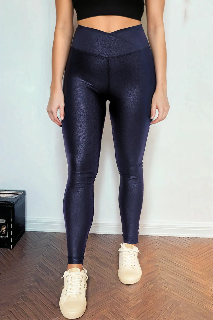 Legging en cuir élégant noir à taille croisée Perfectelena