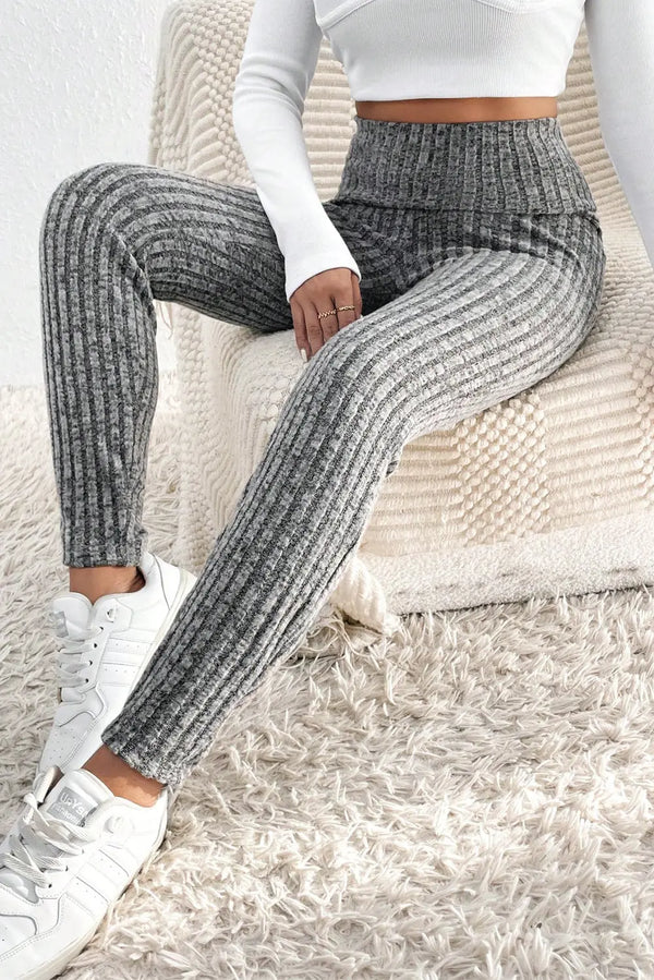 Legging gris en tricot texturé côtelé à large taille Perfectelena