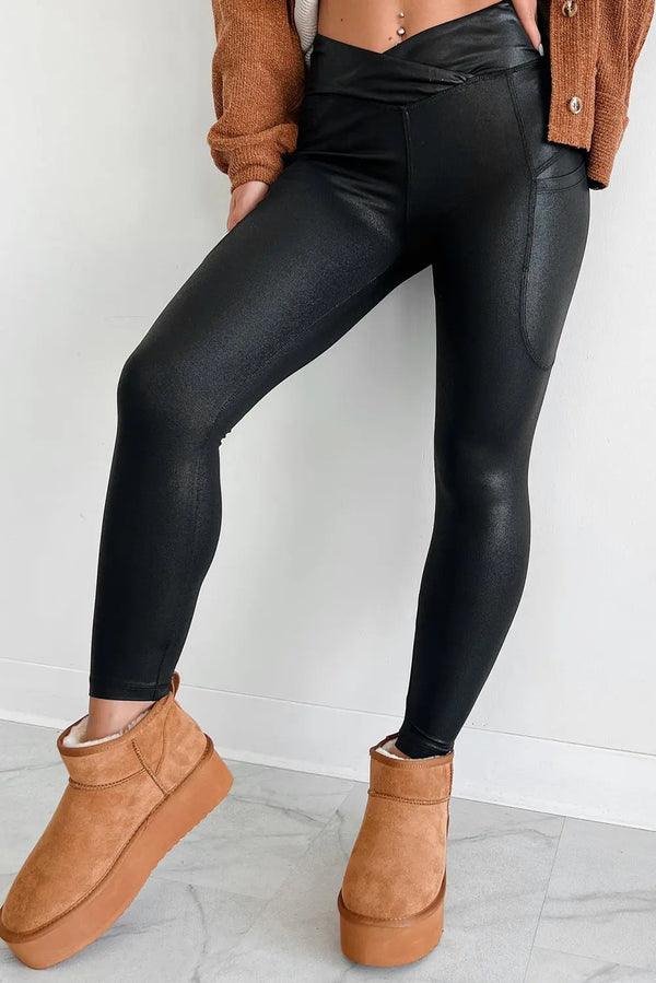 Legging noir croisé taille haute avec poches Perfectelena