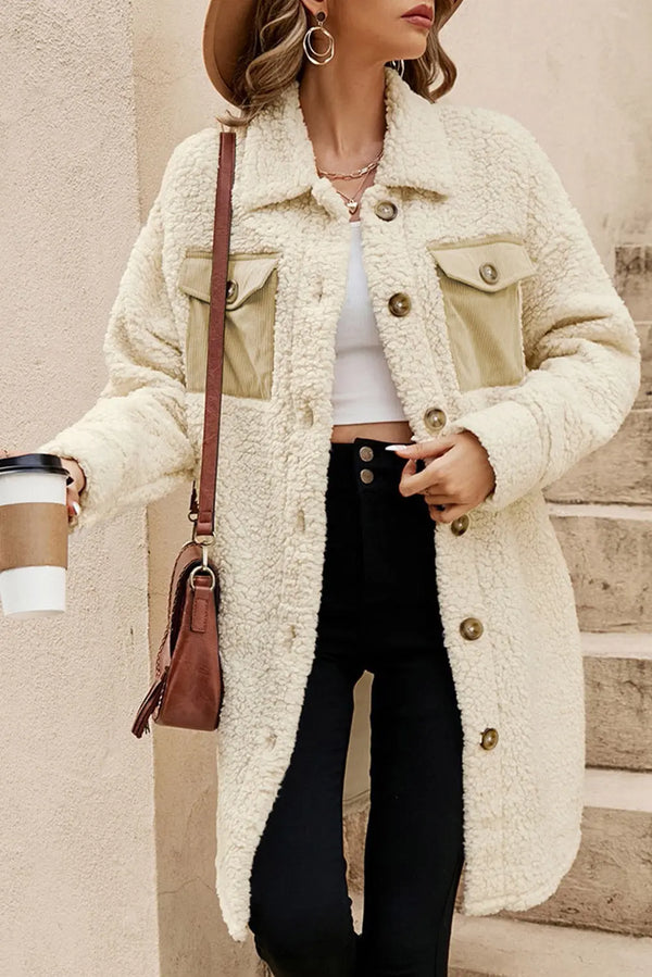 Manteau Teddy beige à simple boutonnage et poche à rabat Perfectelena