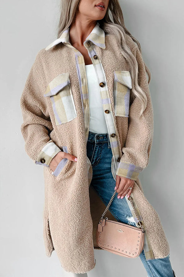 Manteau long sherpa boutonné à col patchwork et carreaux gris fumée Perfectelena