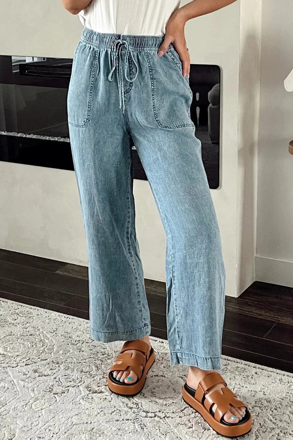 Myosotis Pantalon en denim droit ample avec cordon de serrage à lavage minéral Perfectelena