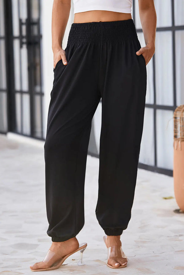 Pantalon de jogging taille haute smocké noir Perfectelena