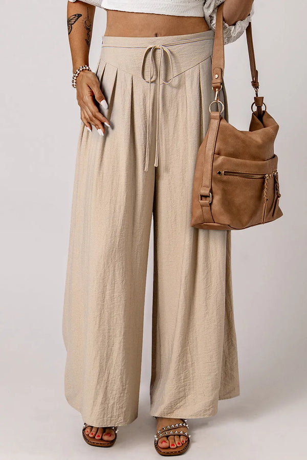 Pantalon décontracté à jambe large plissé à taille avec cordon de serrage beige Perfectelena